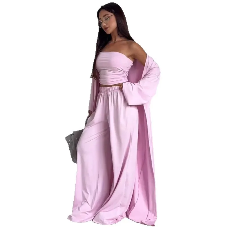 Pants Sets Women Solid Color Loose Long Cardigan Coat Tube Top High Waist Wide Leg Trousers Three Piece Set Casual Lady Suits
