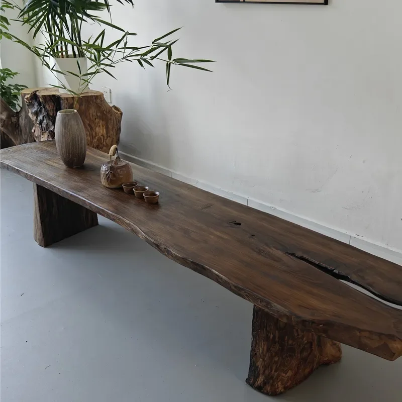 Wabi Sandy Wind Solid Wood Bench Natural Edge Medieval Designer Creative Studio Clothing Store Bedside Shoe Changing Stool