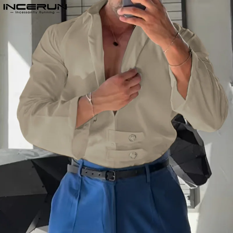 

INCERUN Men Lapel Shirts Solid Color Turn Down Collar Long Sleeve Button Down Office Blouse Elegant Work Wear Commuting Tops