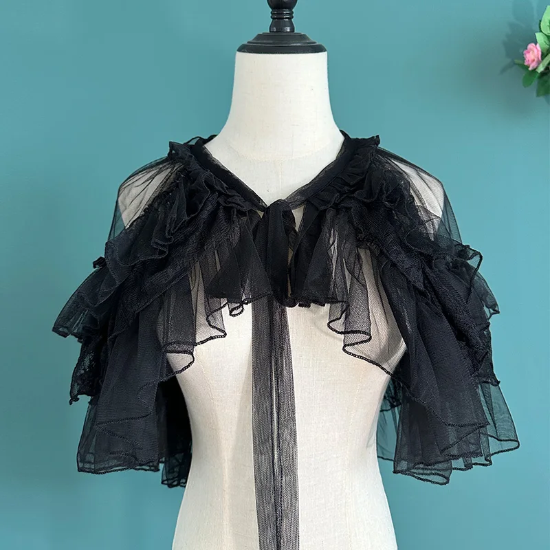 Lolita Black Short Shawl Coat Women Sweet Kawaii Lace Mesh Open Front Poncho Gothic Girls Retro Cute Princess Capes Outerwear