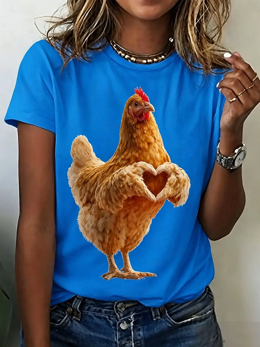 Women's Spring Summer 3D Printed Crew Neck Tee, White Base Hen Making Heart Shape With Claws Cute Realistic Print Casual Tee
