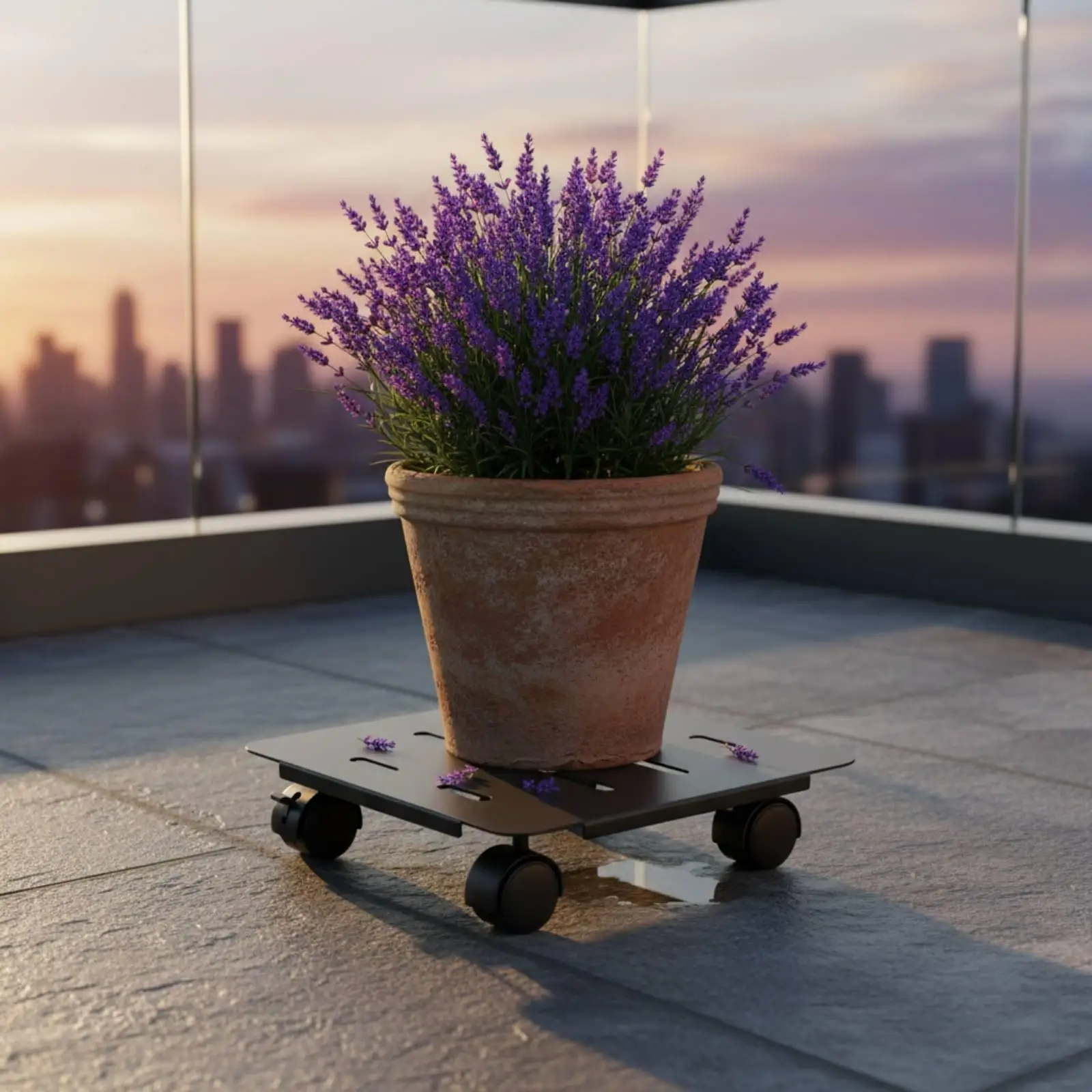 Plant pot trolley with wheels, versatile use, rolling transport tray