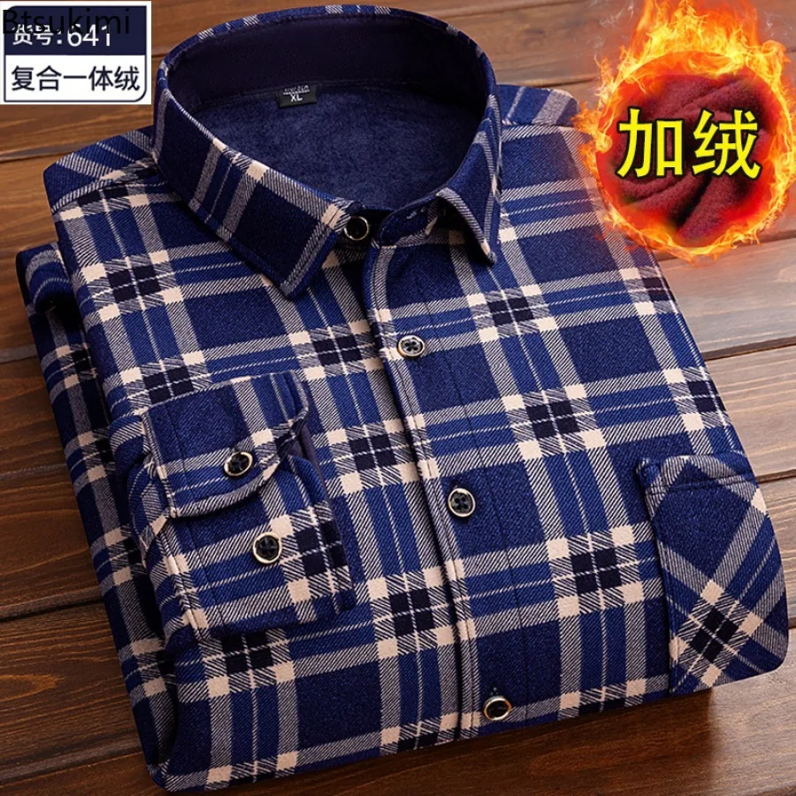 2024 Men\'s Keep Warm Shirts Top Autumn Winter Fleece Warm Long Sleeve Printed Plaid Shirts Men Lapel Tops Men\'s Clothing Shirts