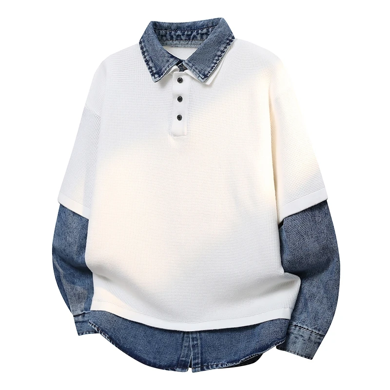 

Мужской повседневный вязаный свитер с эффектом двухслойности, свободный крой, воротник-рубашка, комфортный, мягкий, из полиэфирного волокна, осенне-зимний, новый, модный