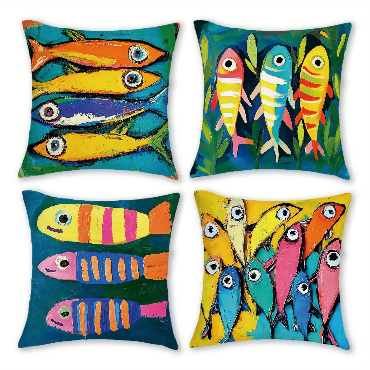 4pcs Boho Farmhouse Decor Throw Pillow Covers - Abstract Pop Art Tropical Fish Pattern in Blue, Green, Pink, Yellow, Orange - So