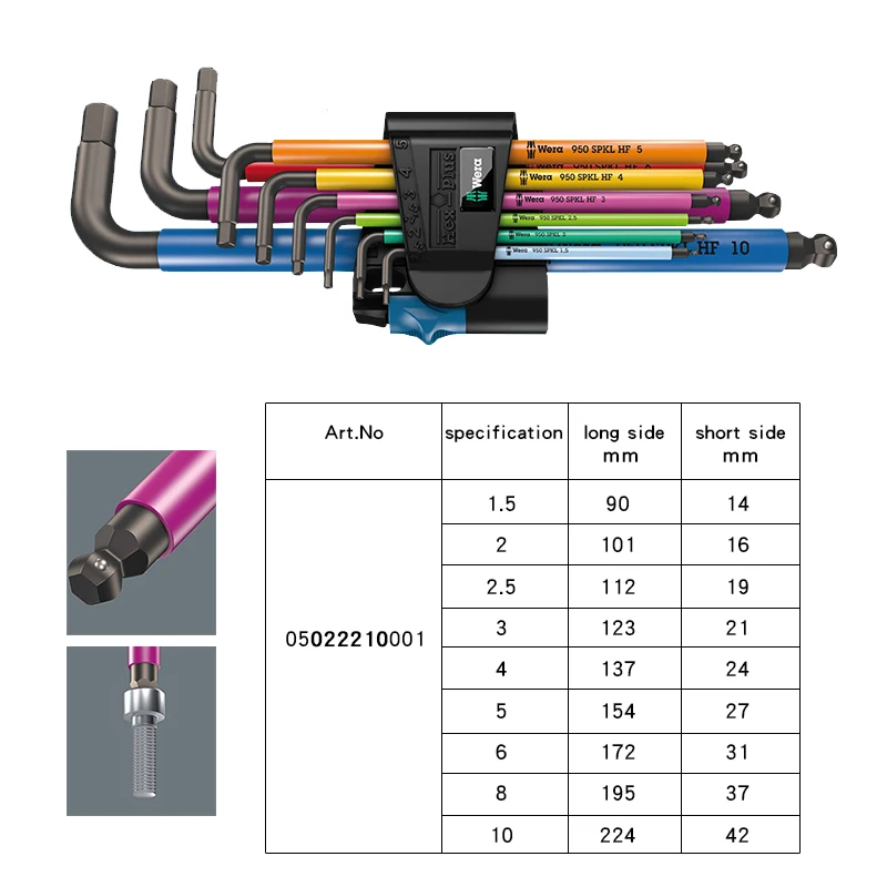 Wera 05022210001 L Shape Metric Hex Key Set 9 pieces with holding function 1.5-10mm 950/9 Hex-Plus Multicolour HF 1 L-key set