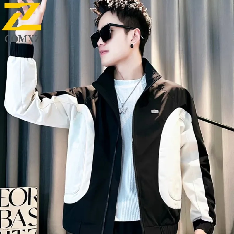

COMXZ 2025 Men Color Block Biker Style Handsome American Trendy Casual Premium Ins American Vintage Stand Collar Casual Coat