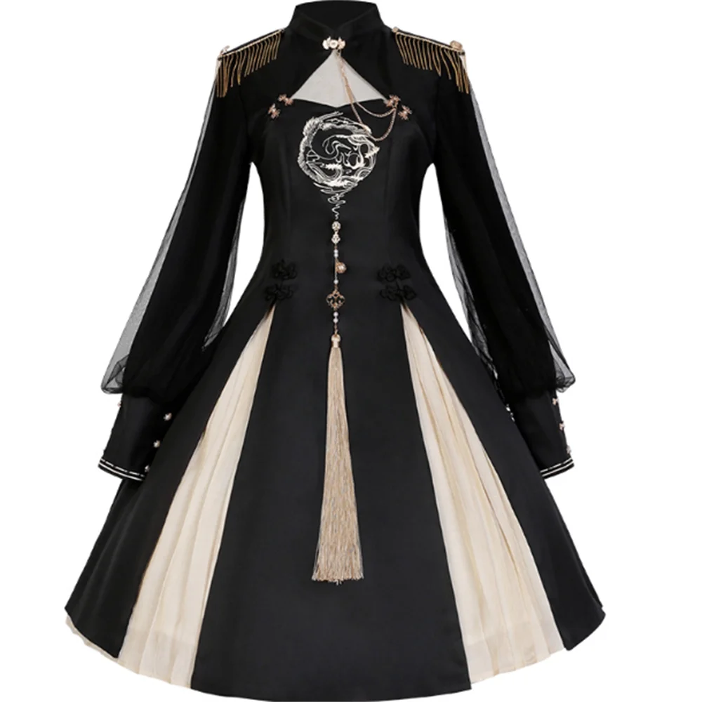 Gothic Girls Black Vintage Embroidery Puff Sleeve Lolita Dress Cool Woman Victoria Tassel Button Punk Cosplay Lolita Op Loli