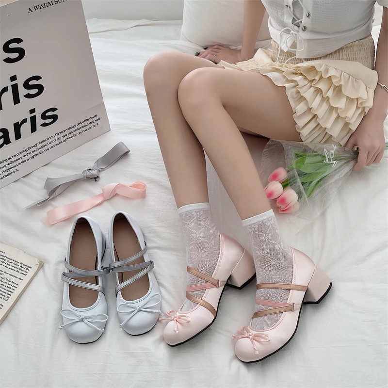 2026 لوليتا نمط لطيف جولة رئيس جين مضخات مع القوس المرأة الحلو فستان الحفلات ميدي الكعوب أحذية موضة صنادل بولي PU #5