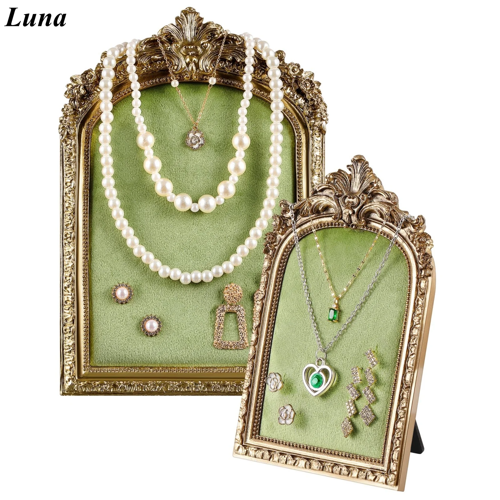 Gold Jewelry Display Stand Vintage Necklace Organizer Ring Holder Earring Tray Resin Jewelry Photography Props Frame with Velvet