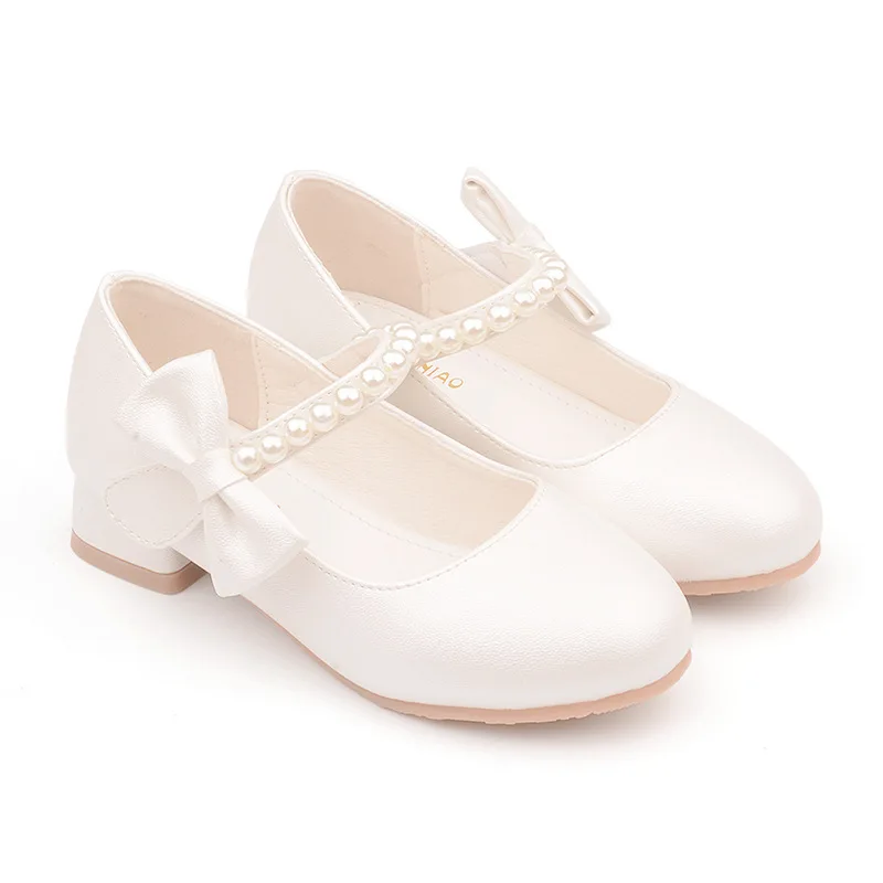 Chaussures de printemps en cuir à talons hauts pour enfants, nœud blanc, chaussures de princesse pour filles, mode, passerelle simple, chaussures perlées, taille 26-38