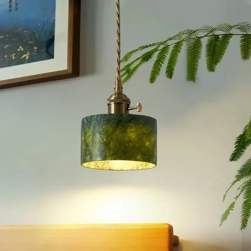 Natural Jade LED Pendant Light French Retro Small Chandelier Antique Entrance Restaurant Light Luxury Bedroom Bedside Light