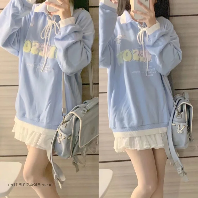 Sanrio Cinnamoroll Mùa Xuân Mới Quần Áo Y2k Rời Quần Tây Nữ Xanh Dương Mỏng Áo Thun Hàn Quốc Cao Áo Thun Polo Nữ Quần Áo