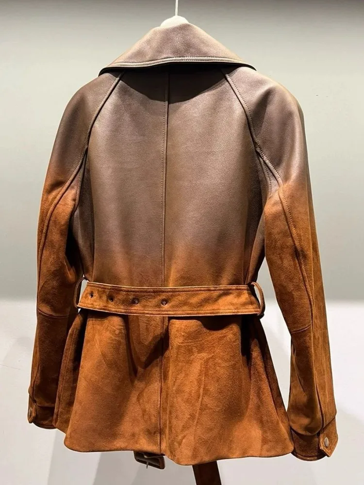 Luxury Natural Sheepskin Suede Women Jacket Autumn Winter Notched Collar Party Coat Belt Vintage Casual Genuine Leather Overcoat