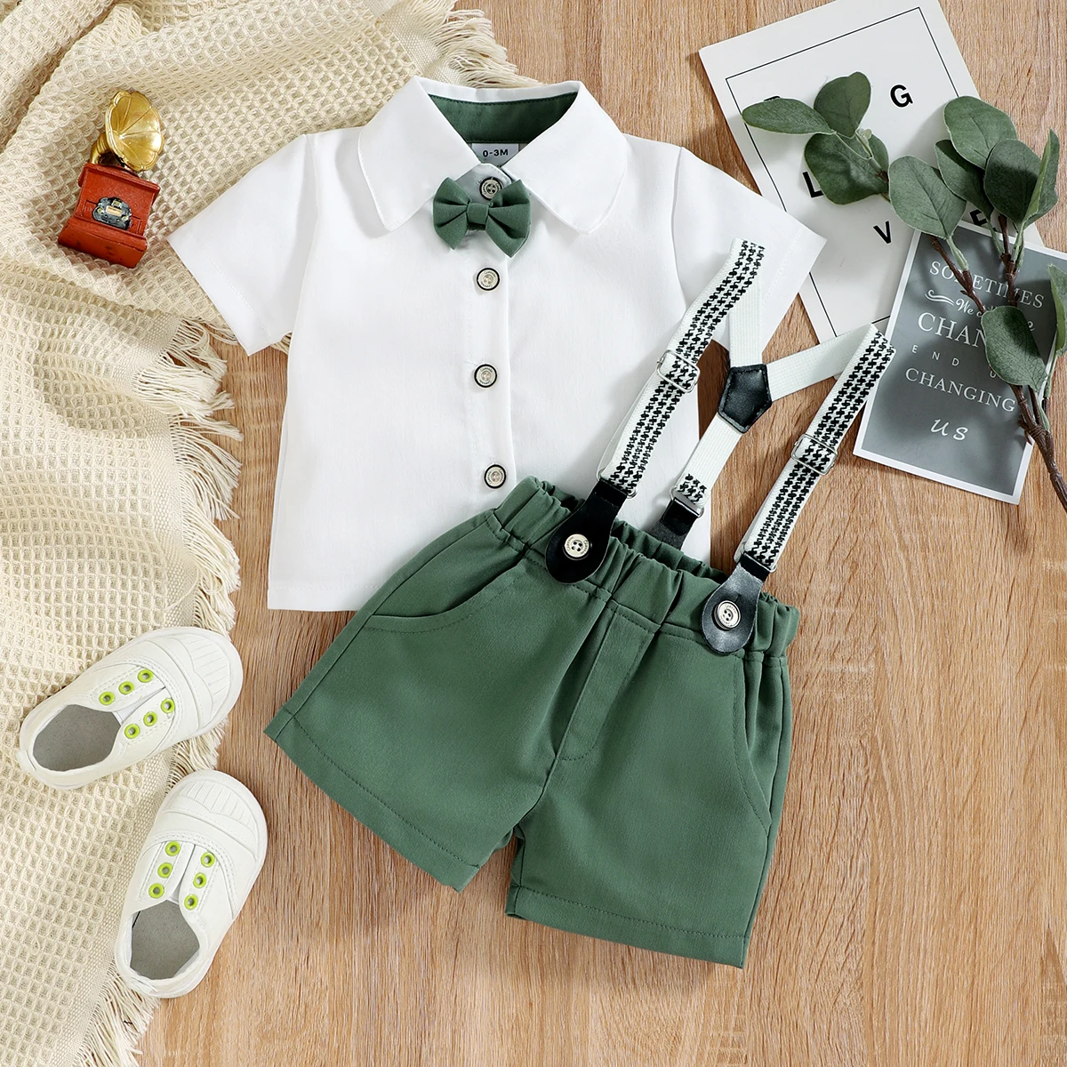 PatPat Baby Boy Short-sleeve Party Outfit Gentle Bow Tie Shirt and Suspender Shorts Set