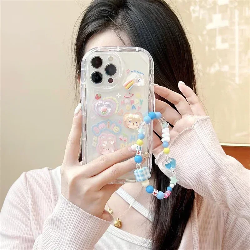 Korean 3D Bear Hang Phone Chain Lanyard Clear Soft Case For iPhone 15 14 Pro Max 11 13 12 Mini XR 6 8 7 Plus X XS SE Cute Cover