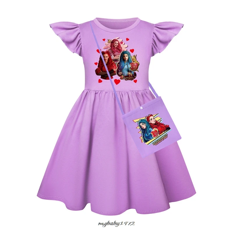 Hot Descendants 4 Baby Girl Dresses Kids Clothes Cosplay Costume Children's Fly Sleeve Casual Dress With Small Bag Best Gift