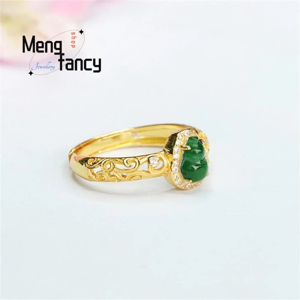 S925 Silver Lnlaid Natural Jadeite Ice Type Imperial Green Finger Ring Gourd Exquisite Elegant Simple High-grade Fashion Jewelry