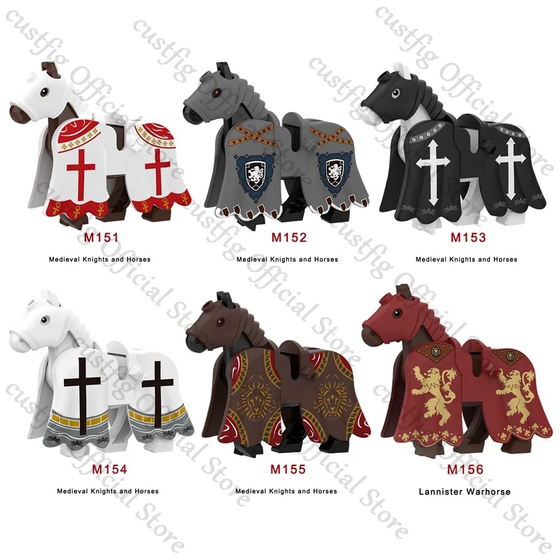 MOC – figurines d'action de cavalerie militaire médiévale, blocs de construction d'animaux de cheval de guerre, chevalier de Rome, guerrier, armes, briques, jouet pour enfants, cadeaux