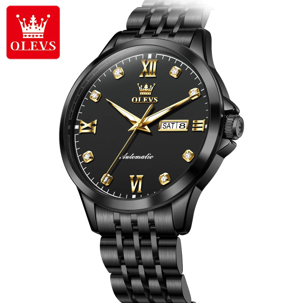 ساعات رجالية أصلية ماركة OLEVS مقاومة للماء من الفولاذ المقاوم للصدأ المضيء بتقويم مزدوج للأعمال ساعة ميكانيكية أوتوماتيكية للرجال #2