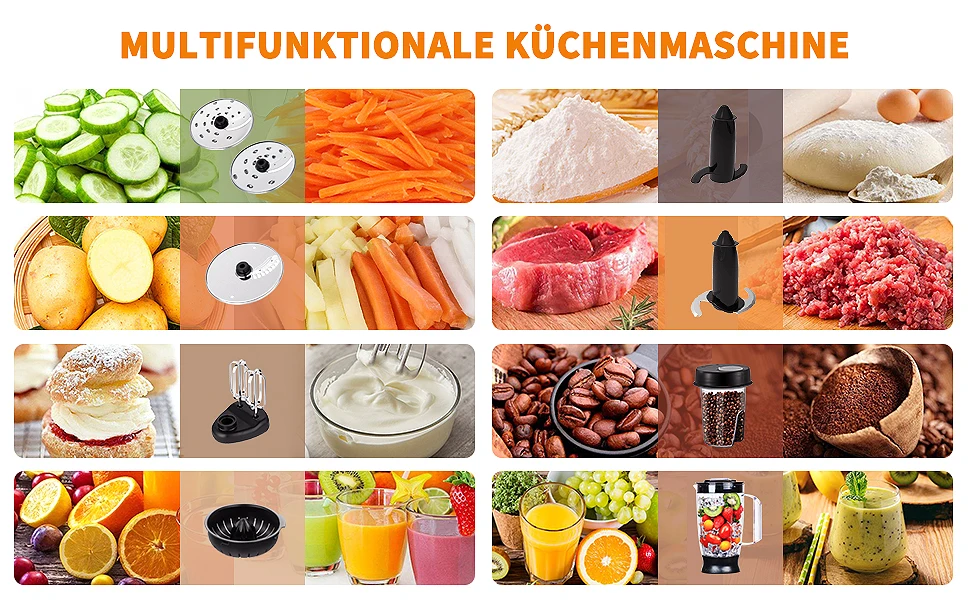 1300 W Mehrzweck-Küchenmaschine, 3,5 l Kneten, 1,5 l Mixer, Zitruspresse, 11 professionelles Zubehör, Mahlen/Herkleinern/Schneiden – Detail 7
