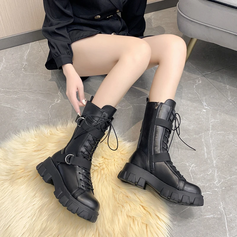 Ladies Shoes on Sale 2023 New Cross-tied Belt Buckle Fashion Belt Buckle Modern Boots Women Hot Sale Side Zipp Mid-Calf Zapatos