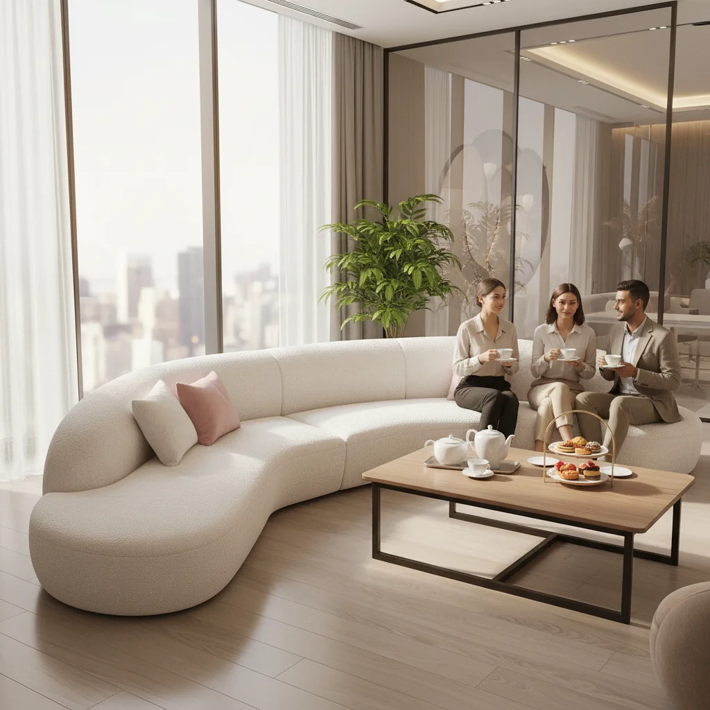 

Современный роскошный угловой диван для лобби, комплект мебели, изогнутый секционный диван с опциональной обивкой из вельвета для виллы, отеля, офиса