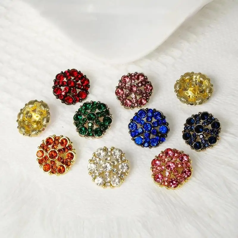 Shiny Multicolor Rhinestone Round Buttons Golden Metal Base For Sewing DIY Crafts Decoration