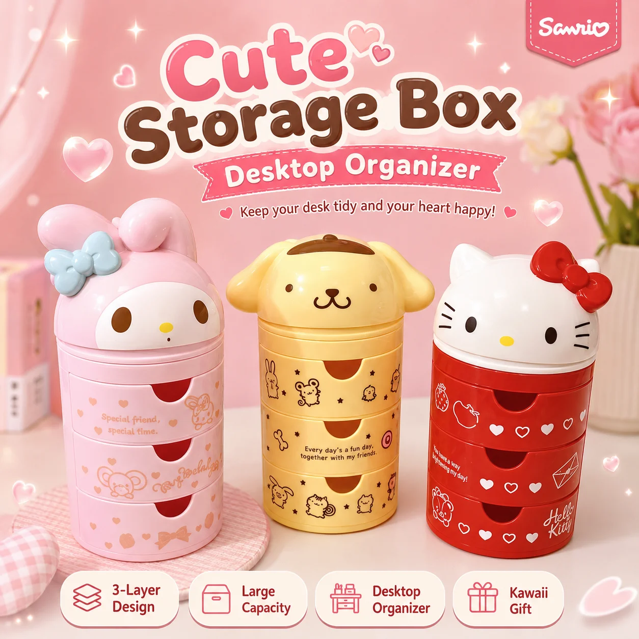 

hello kitty anime peripheral cartoon 3-layer drawer storage box my melody cute cat makeup box kawaii birthday gift for women
