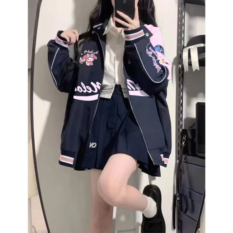 Sanrio Kuromi My Melody Baseball Uniform Biker Punching Female Winter Loose Jacket Warm Windproof Jacket Clothe Kawaii Gift