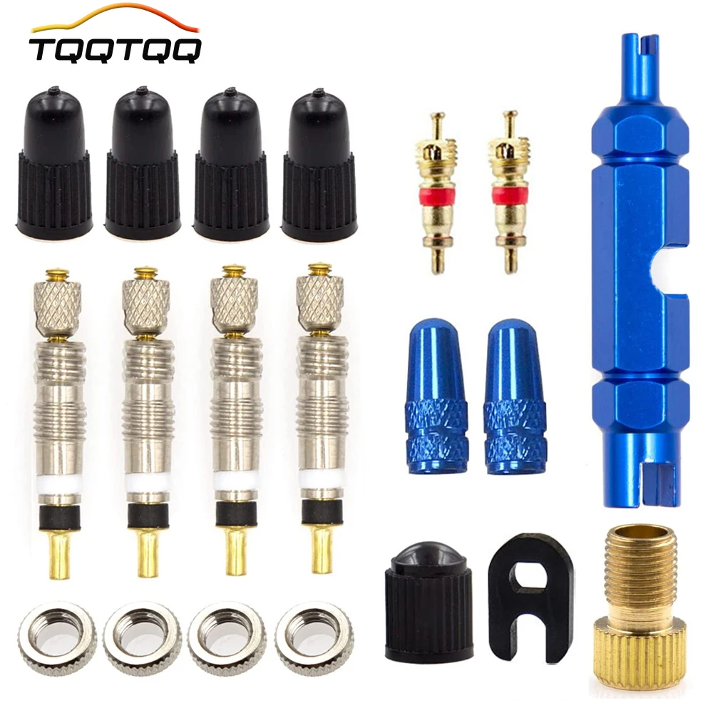 

Presta Valve Core, Alloy Presta Valve Caps with Alloy Valve Core Remover Tool for Tubeless Road MTB Bike, Stan's, Vittoria