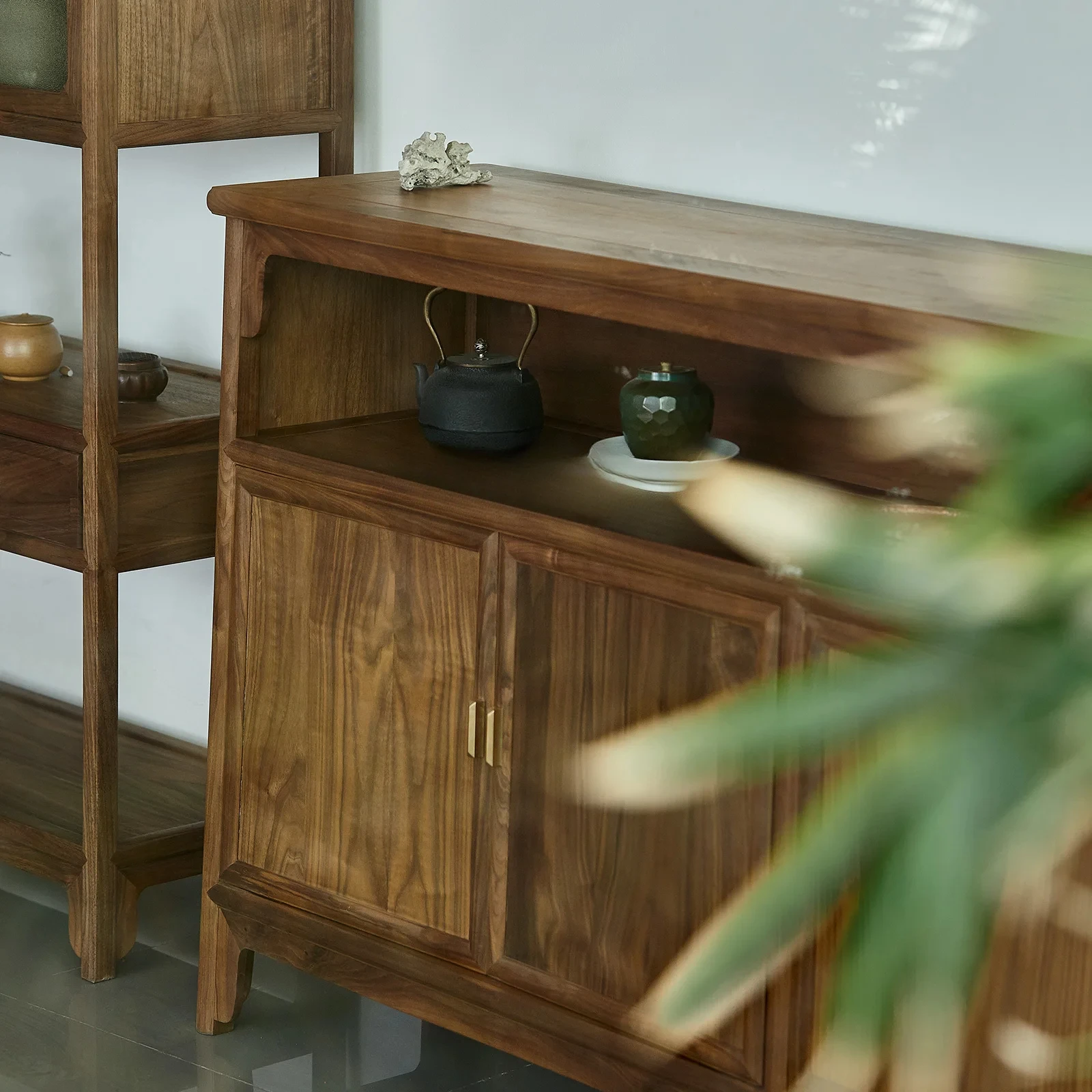 Zen New Chinese Style North America Black Walnut Wood Sideboard Cabinet Locker Living Room Solid Wood  against the Wall