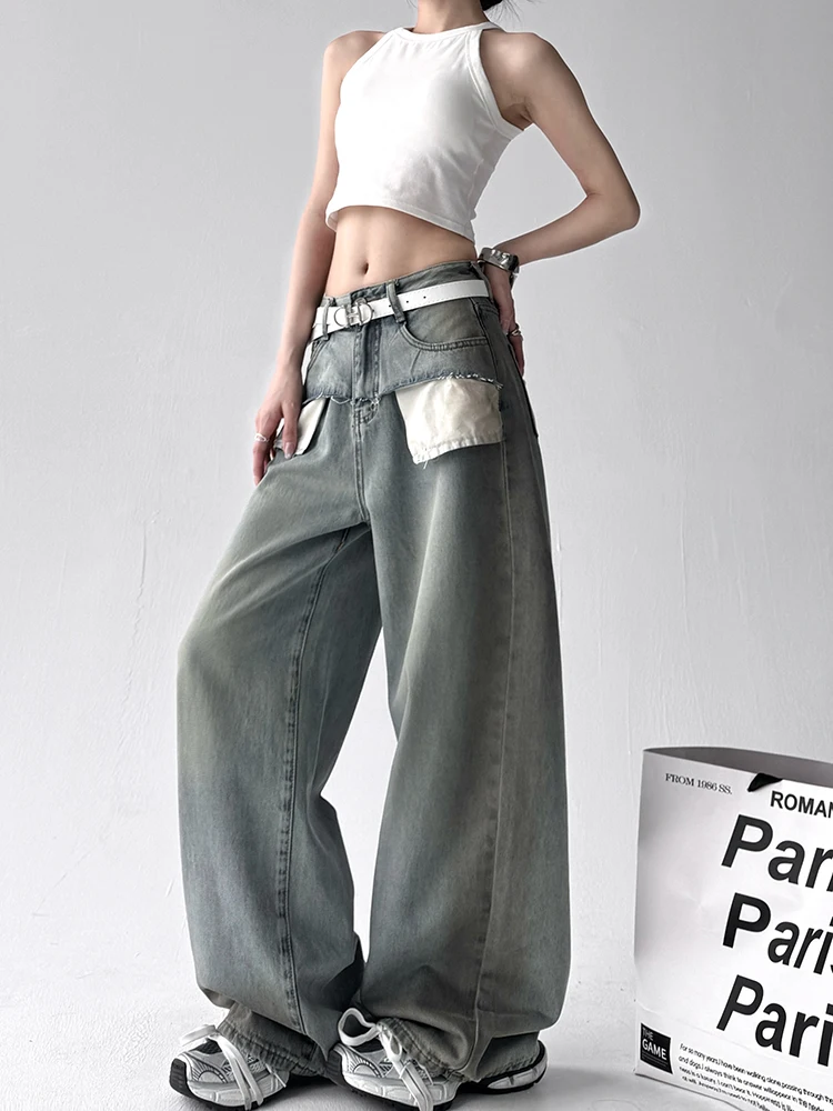 Amerikaanse Sle Vintage denim jeans met wijde pijpen, dames hoge taille, rechte lange broek, splitsontwerp, lente 2022, katoen, elastisch...