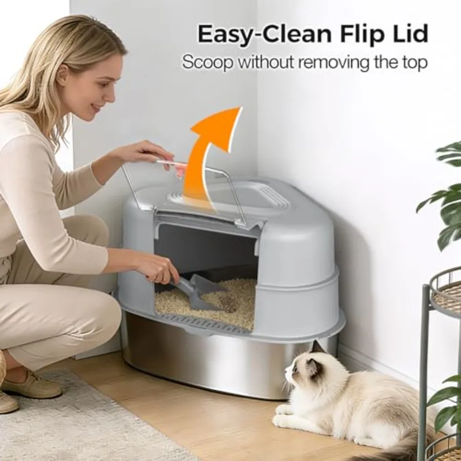 XXL Stainless Steel Corner Cat Litter Box with Lid - Sturdy No Odor Space-Saving Hidden Design for Large Cats view 6
