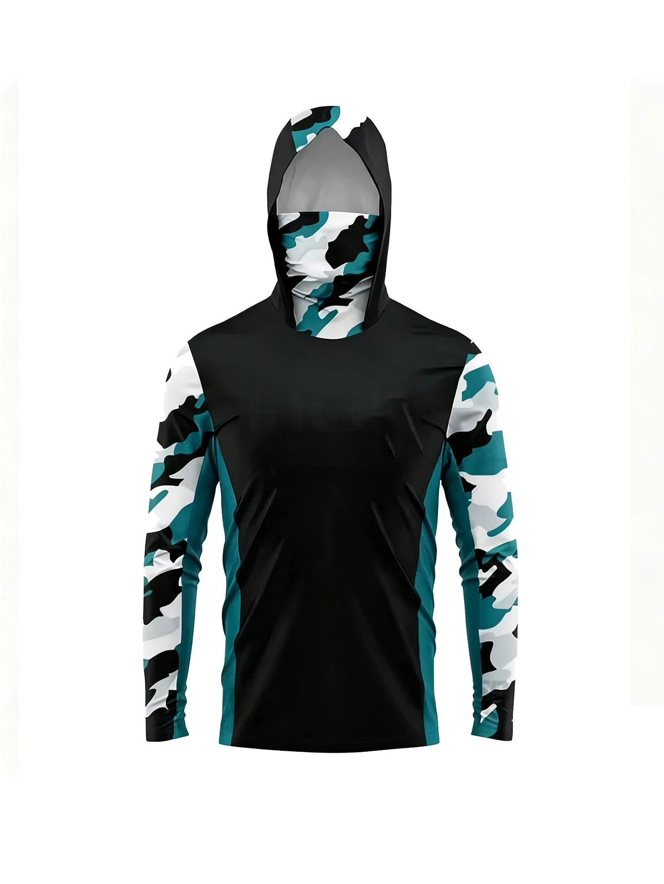 Men UV Protection Angling Hood Top With Neck Gaiter, Blue Gradient Dot Print Quick Dry Outdoor Long Sleeve Fishing Shirt view 5