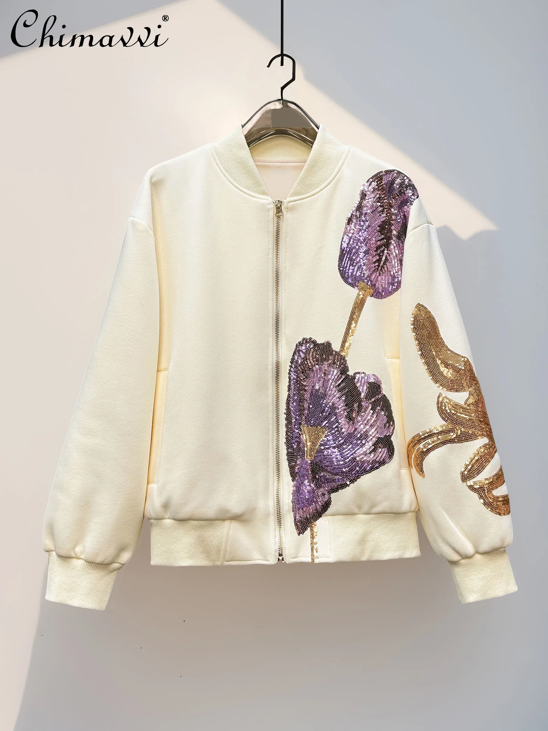

2025 Autumn French Elegant Fashion Heavy Industry Bling Sequin Loose Casual Long Sleeve Baseball Jackets Women's Outerwear Coats