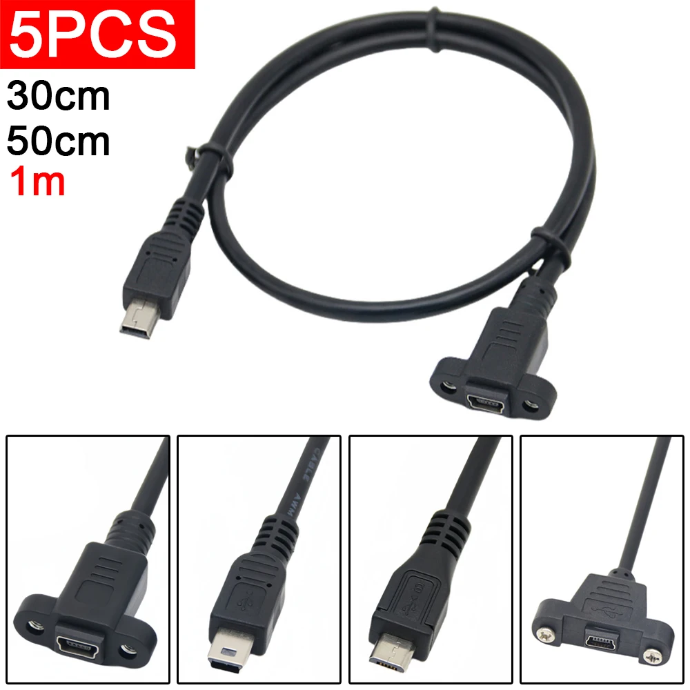 5pcs Mini USB Male To Extension With Ear Screw Hole For Fixing T-Shaped Port Revolving Female Data Cable