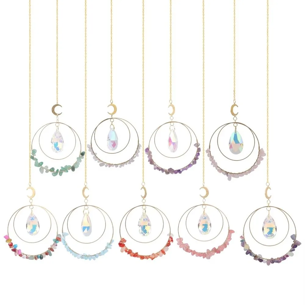 Circle Crystal Suncatcher Hanging Amethyst Stones Rainbow Maker Light Catcher Wind Chime Style Hanging Crystal Ornament