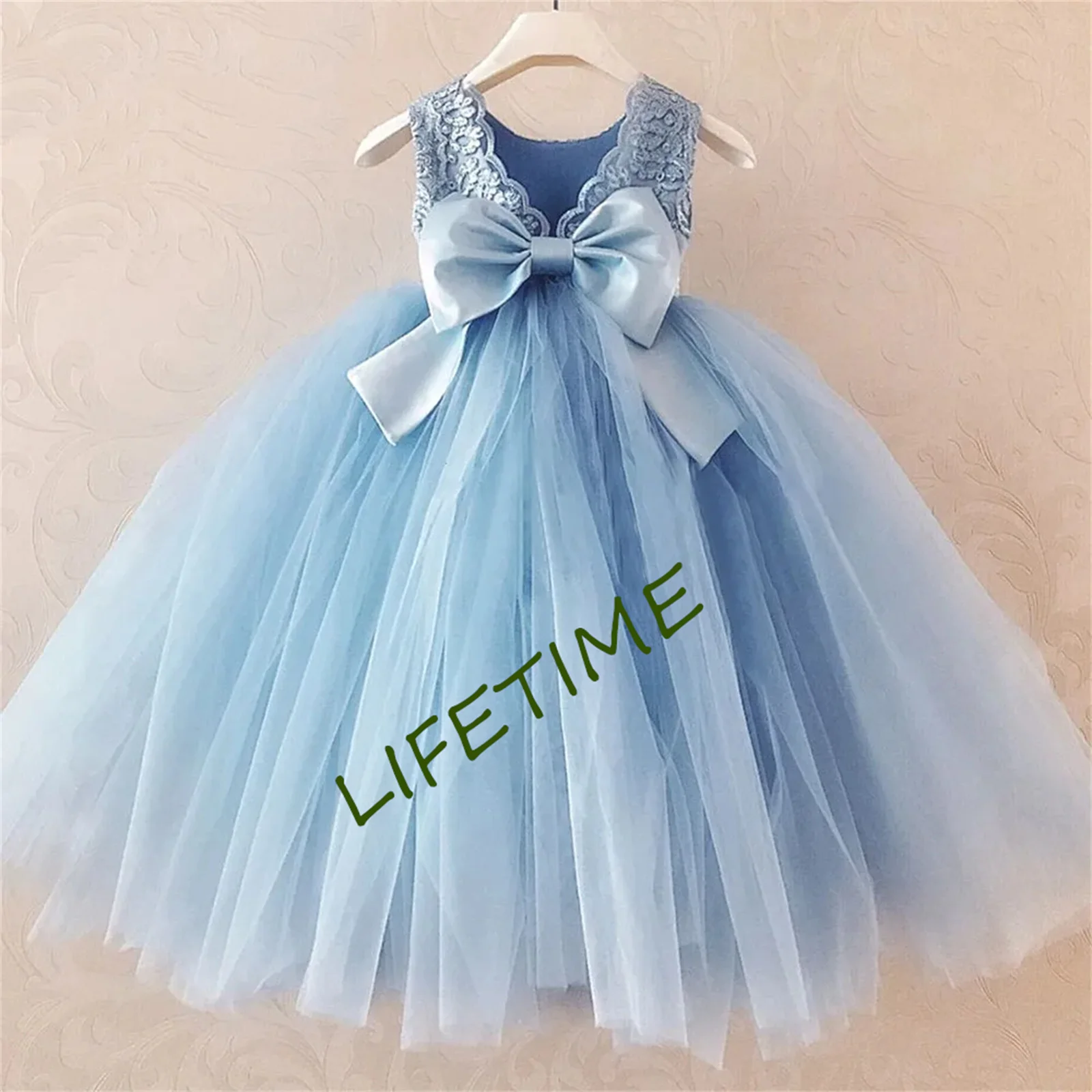 Robe bleue en dentelle et tulle pour petite fille, tenue de première communion, avec nœud, longueur thé, pour anniversaire, pour enfant