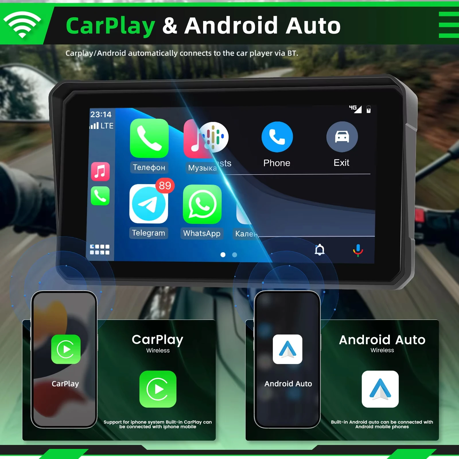 Podofo 6 بوصة دراجة نارية CarPlay اللاسلكية أندرويد السيارات الملاحة Airplay عرض شاشة تعمل باللمس المحمولة موتو مراقب IPX8 IP68