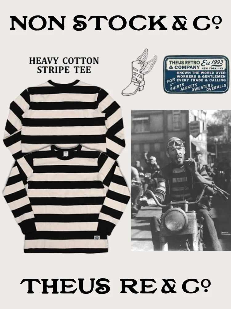 American Retro Motorcycle Prisoner Heavy Black And White Stripes Long Sleeve T-Shirt Cotton round Neck Casual Youth Top