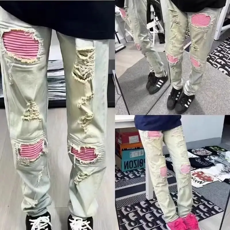 

Мужские джинсы American High Street с микро-клешем, прямые, зауженные, с дырками и нашивками на коленях, повседневные, в стиле «poor boy»