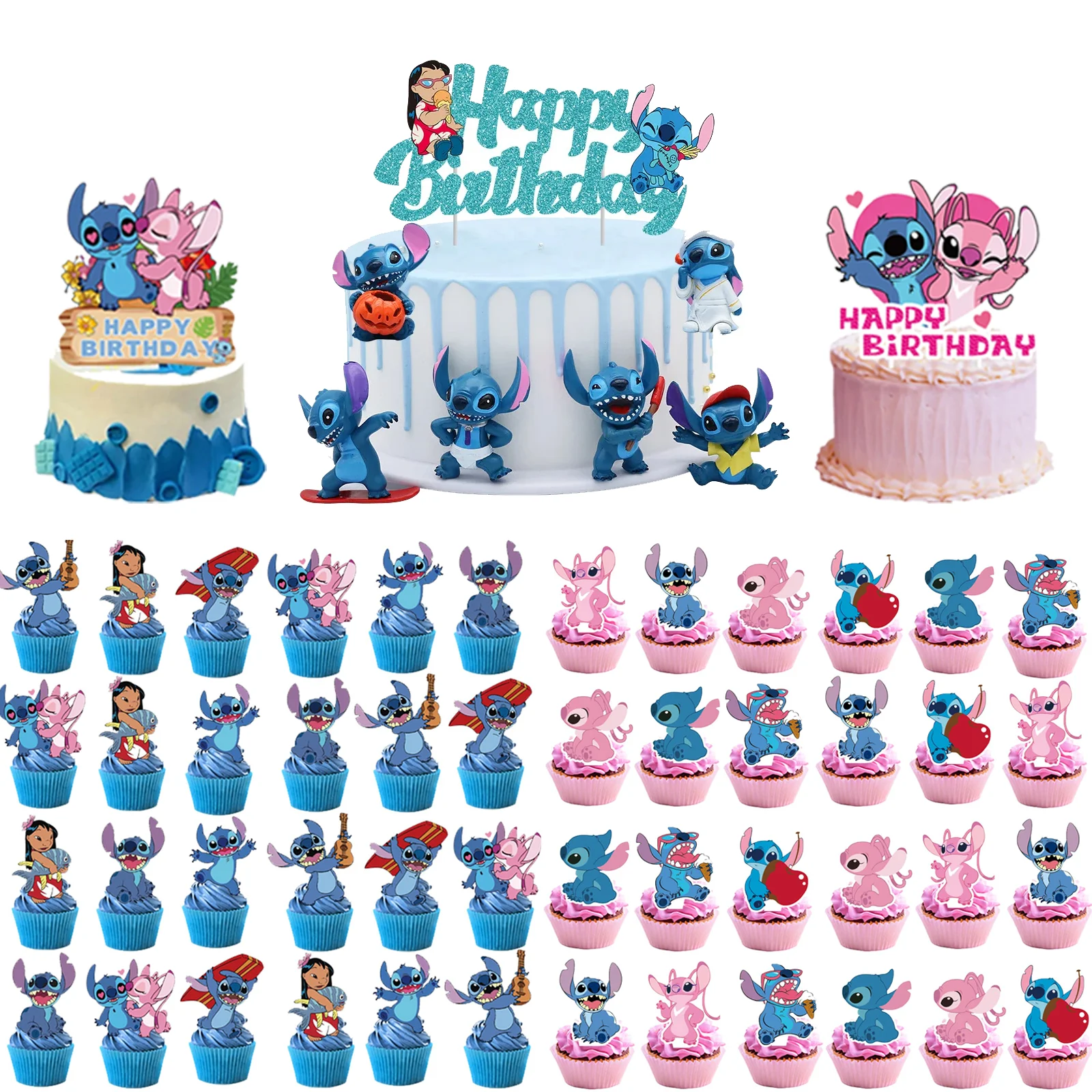 Disney Lilo Stitch Pink Angel Cake Topper Happy Birthday Cake Decor Cupcake Decoration Party Supplies for Kids Girls Baby Shower