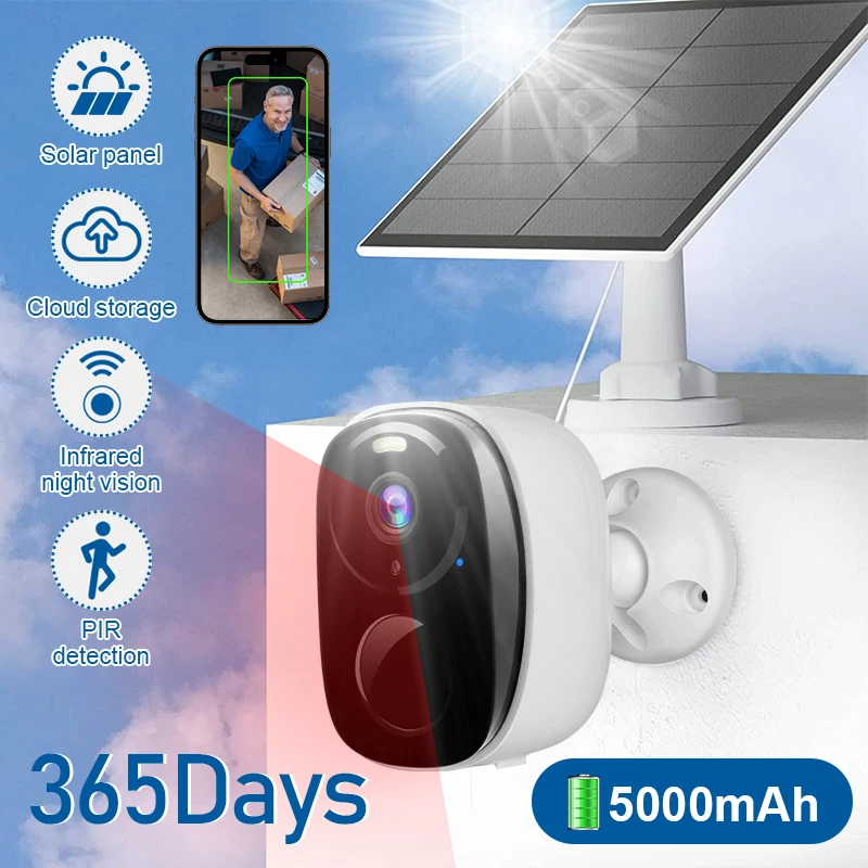 WiFi Solar Camera Outdoor Waterproof Night Vision IP Camera Motion Detection Video Surveillance Camera 5000mAh Rechargeable Cam