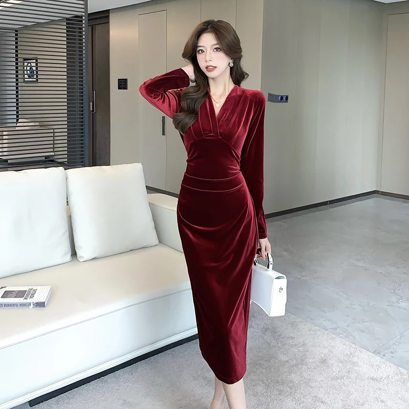 Fashion Women V Neck Velvet Split Pencil Midi Dress French Autumn Winter Long Sleeve High Waist Folds Velour Bodycon Vestidos