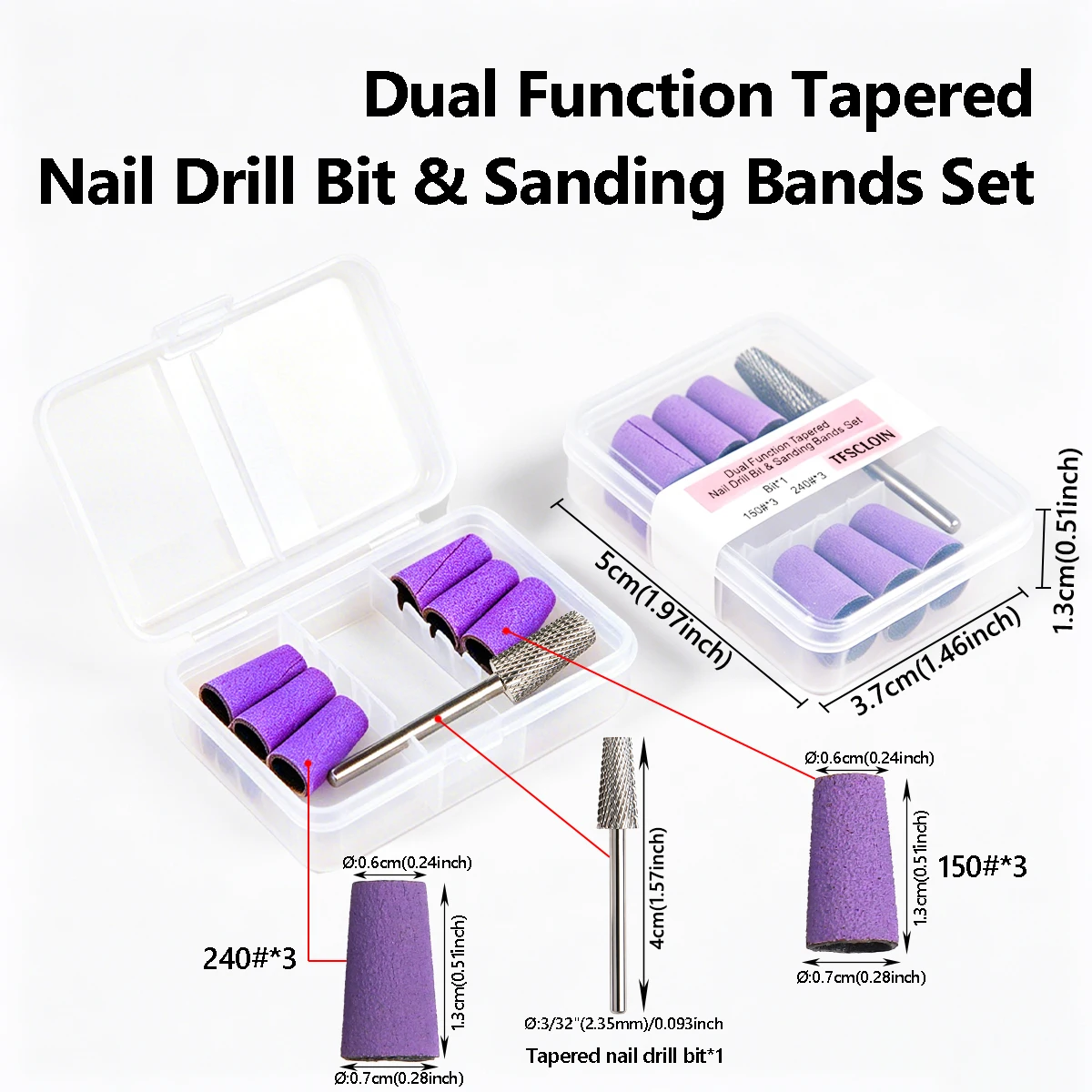 Dual Function Reversible Rotate Tapered Carbide Nail Drill Bit & Sanding Bands Set, Gel Removal & Nail Surface Filing Kit, 150# 240# Grit Sanding Sleeves, Manicure Supplies for Salon & Home Use view 5