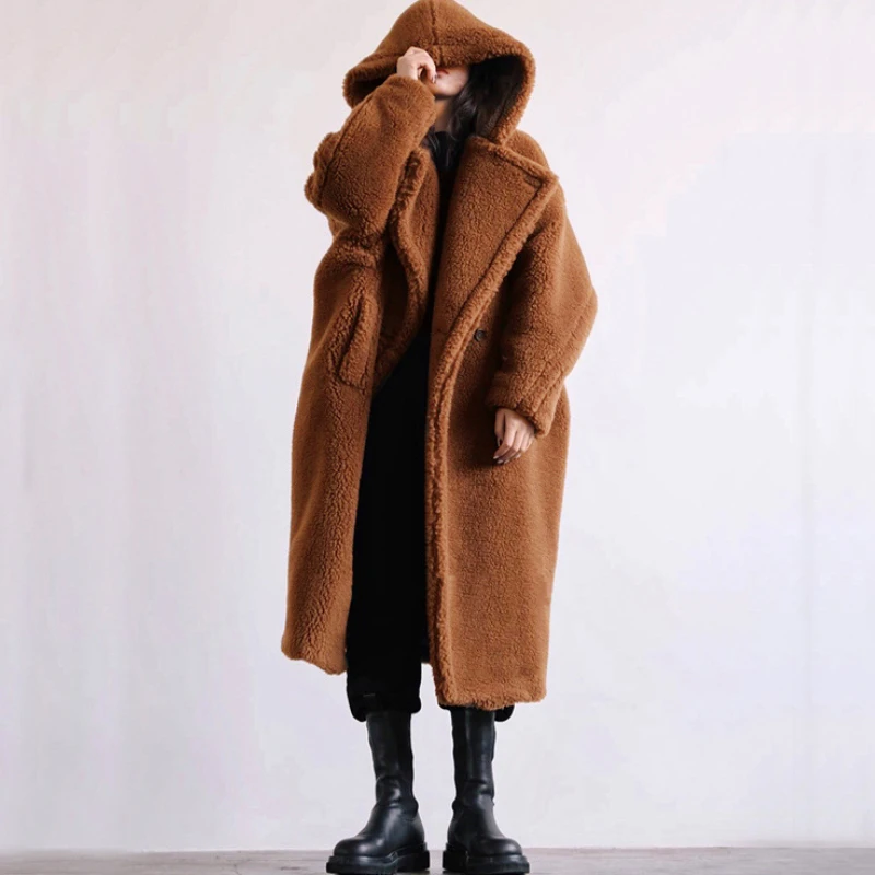 

Women Lamb Wool Coats Faux Fur Hooded Long Maxi Coat Turn Down Collar Work Open Stitch Elegant Warm Thick Autumn Winter