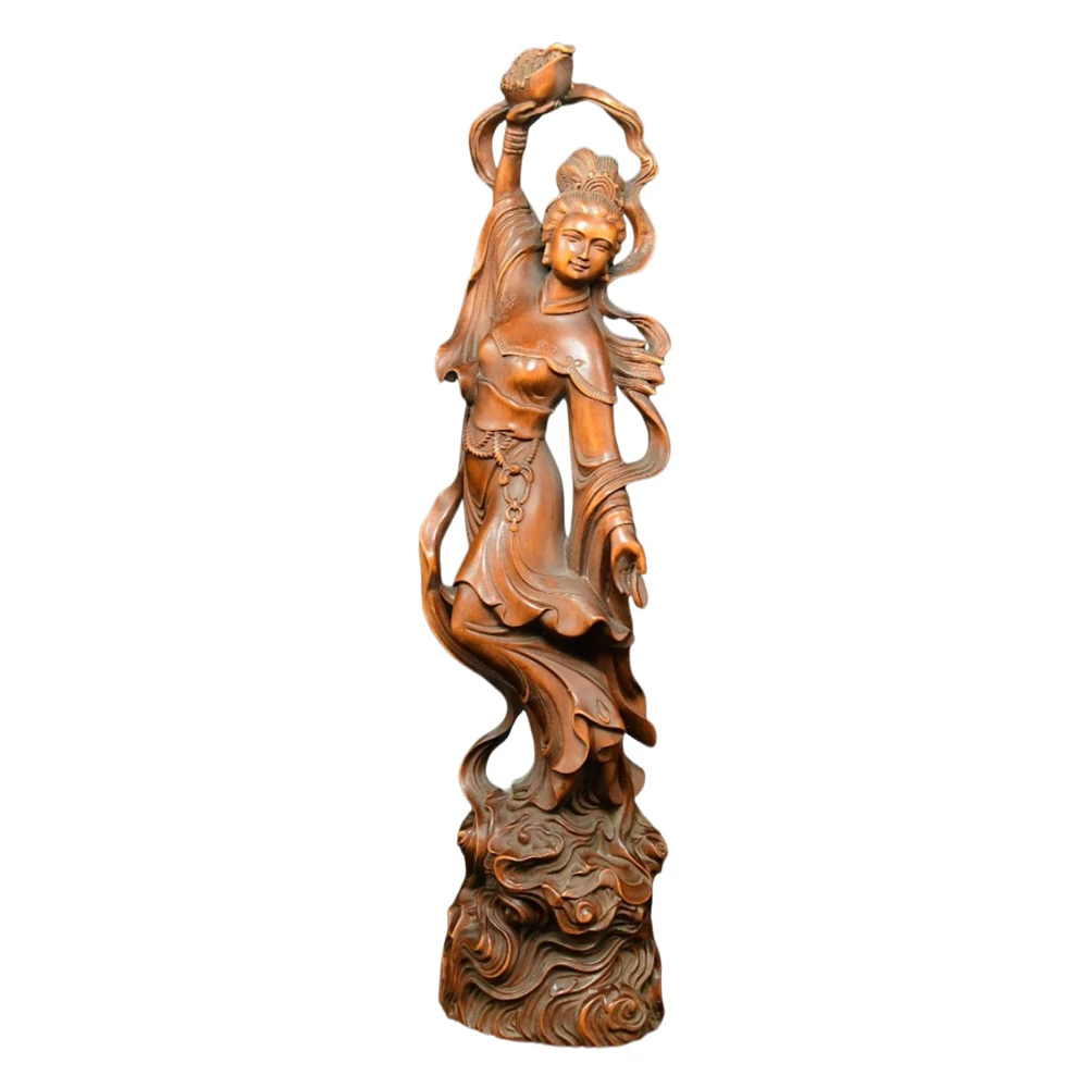 Wooden Statues Figurines Wood Carved Figurine Sculpture Chinese Artisan Decor Blessing Peace beautiful woman pretty lady