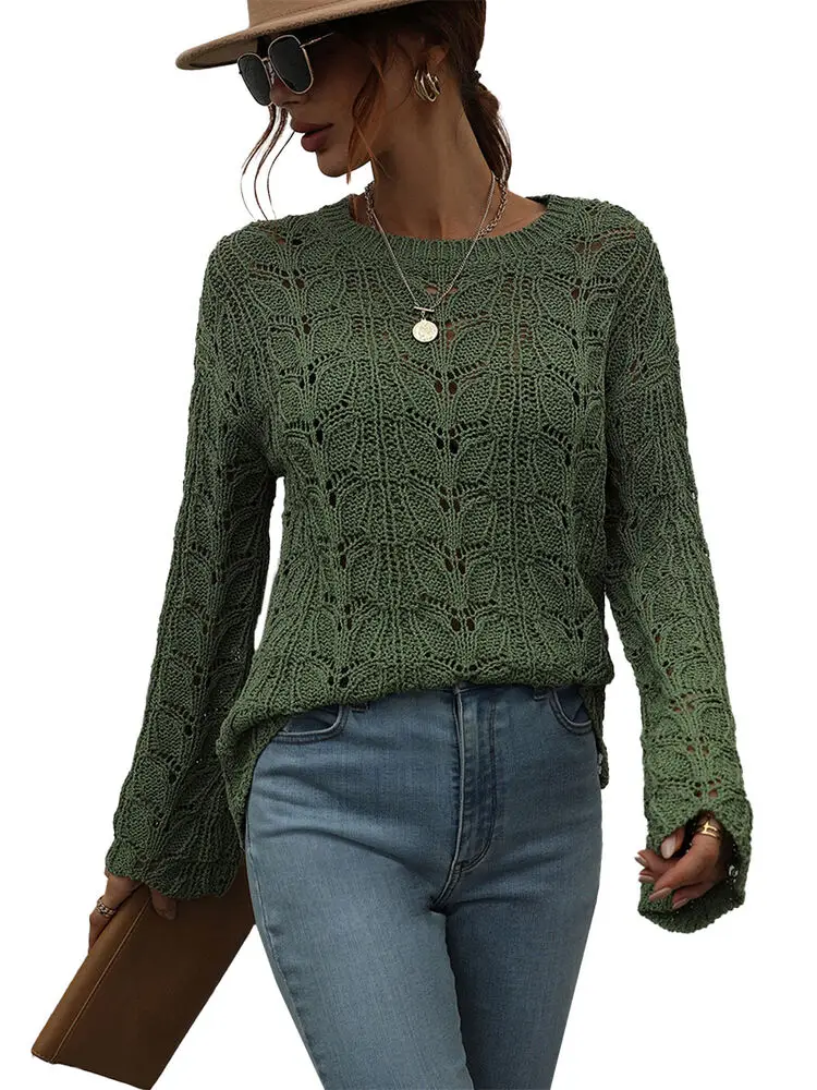 

Women Crochet Bell Sleeve Crewneck Pullover Sweater Knit Hollow Out Tops