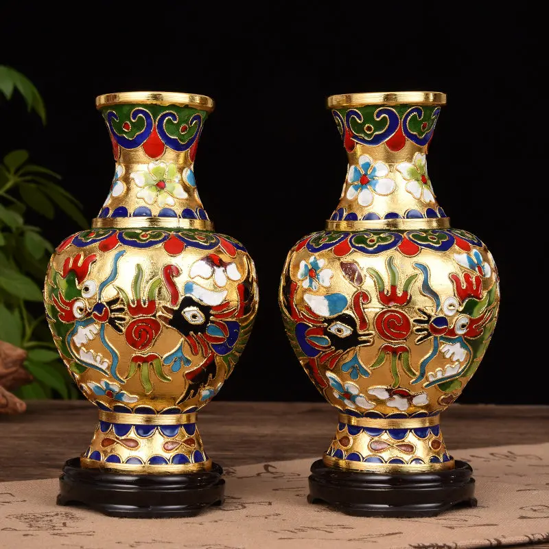 

Pair of Antique Beijing Cloisonné Vases - Handmade Bronze Filigree Enamel Floral Decor Vintage Chinese PorcelainLookHomeGiftSet